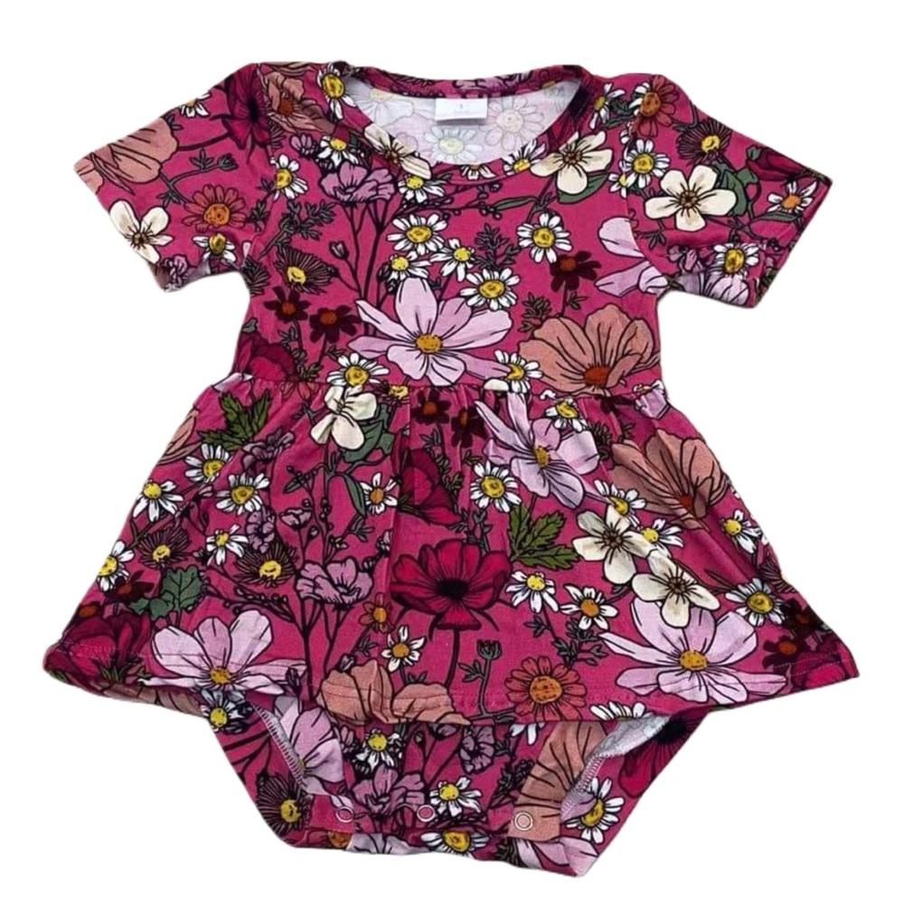 Deep Fuchsia Florals Bamboo Twirl Dress / Skirted Bodysuit